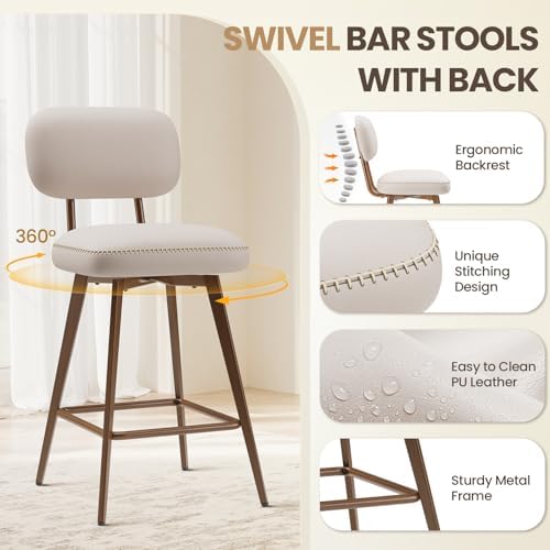 MALOL 26“ PU Leather Swivel Bar Stools Set of 4, Beige