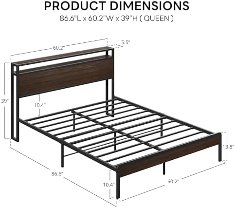 LIKIMIO Queen Bed Frame with 2-Tier Storage Shelf Headboard