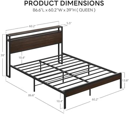 LIKIMIO Queen Bed Frame with 2-Tier Storage Shelf Headboard