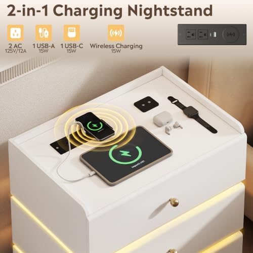 WLIVE White Nightstand with Charging Station, 3 Drawers Nightstand with LED
