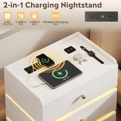 WLIVE White Nightstand with Charging Station, 3 Drawers Nightstand with LED