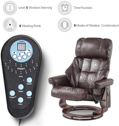MCombo Manual Swivel Recliner with Ottoman, Reclining Chair with Vibration Massage for Small Spaces, Living Room, Office, Faux Leather 9068 (Dark Brown)