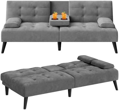 64" Futon Sofa Bed, Small Couch with 2 Cup Holders, Grey