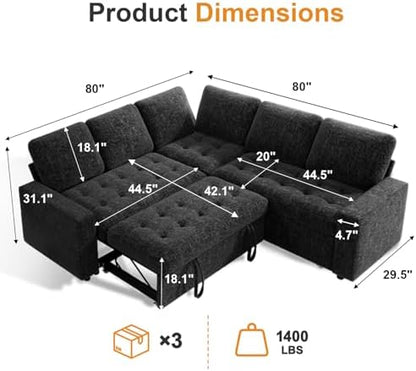 WEUP 5 Seat L Shaped Sectional Sleeper Sofa Bed with Pull Out Bed, Chenille Sectional Sleeper Couch with Adjustable Backrest, USB Ports & Storage Seat, Tool-Free Assembly, Chenille Black