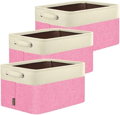 BALEINE 3 Pack Fabric Closet Storage Bins for Shelves, Linen Closet Organizers and Storage, Decorative Baskets for Organizing, Shelf, Clothes, Home, Office (Pink, 12"x8"x8")