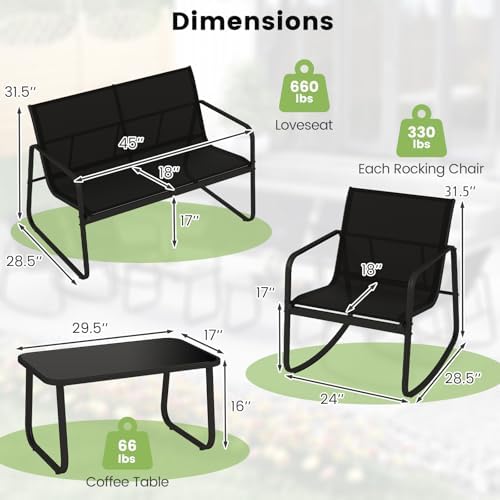 Tangkula 8 Piece Patio Furniture Set, Outdoor Rocking Bistro Set with 4 Rocking Chairs, 2 Loveseats & 2 Tempered Glass Coffee Tables, Porch Rocker Chair Conversation Set for Balcony Poolside Garden