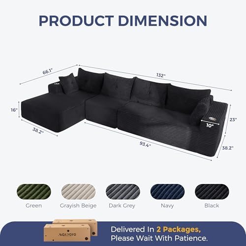 MAXYOYO Modular Sectional Couch with L-Shape Chaise and Loveseat, Modern Boneless Couch for Living Room, Oversized Sofa with Deep Seat, No Assembly Required, Blackn