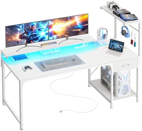 PRAISUN 55.1 Inch Gaming Desk with LED Lights & Power Outlets