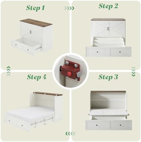 AMERLIFE Full Distressed White Murphy Bed with 6" Tri-Fold Foam Mattress