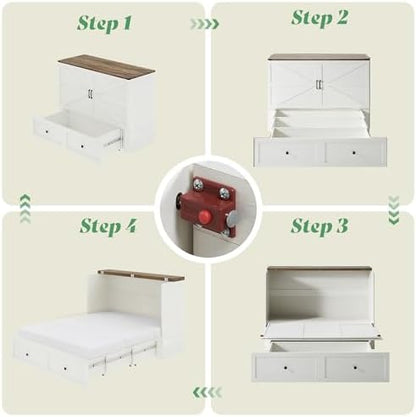 AMERLIFE Full Distressed White Murphy Bed with 6" Tri-Fold Foam Mattress