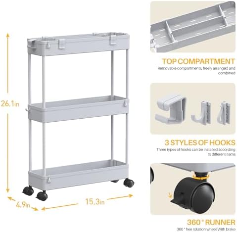 Slim Storage Cart 3 Tier,Bathroom Organizer Rolling Utility,Mobile Shelving Unit Slide Out for Office, Kitchen, Laundry Room & Narrow Places,Gray