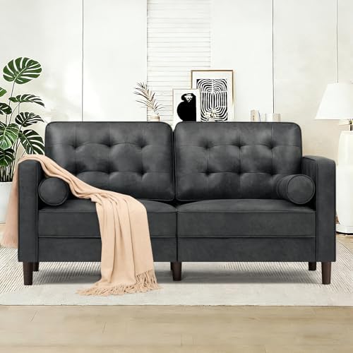 67" Suede Leather Loveseat Sofa with 2 Soft Pillows, Grey
