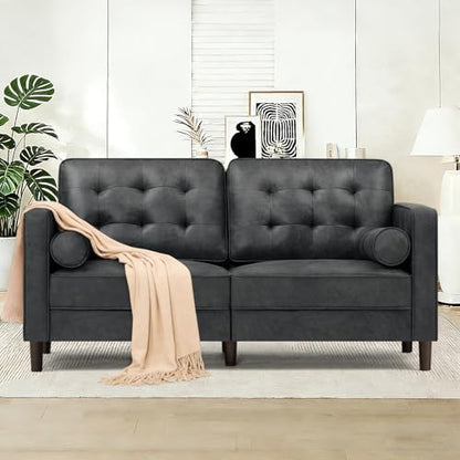 67" Suede Leather Loveseat Sofa with 2 Soft Pillows, Grey