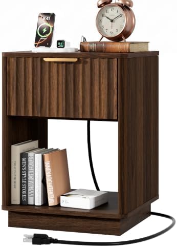 Fluted Nightstand with Charging Station, 18" W Night Stand with Metal Handle and Rounded Edge, FSC-Certified Wood, Mid Century Modern End Table w/Storage, Bedside Table for Bedroom, Walnut