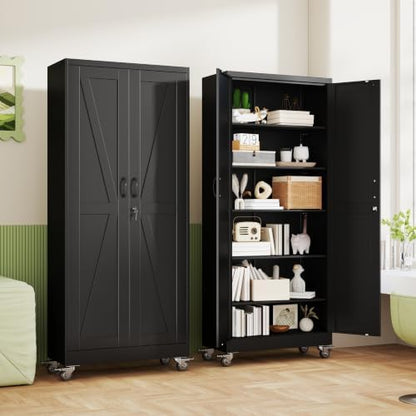75" Metal Garage Storage Cabinet with Wheels, Locking Doors, 5 Shelves