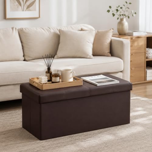 30 Inches Folding Storage Ottoman Bench, Faux Leather Footstool Ottoman, Storage Trunk Footrest for Bedroom, Living Room and Hallway, Support 350lbs, Brown(Brown line)
