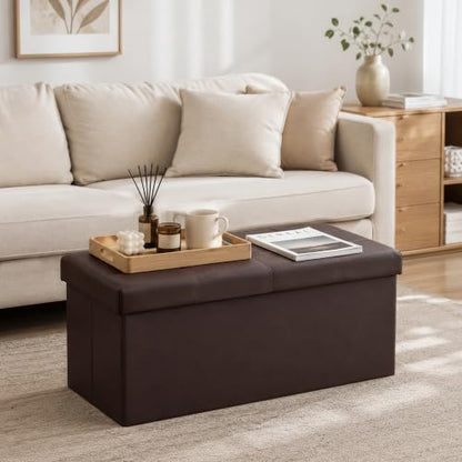 30 Inches Folding Storage Ottoman Bench, Faux Leather Footstool Ottoman, Storage Trunk Footrest for Bedroom, Living Room and Hallway, Support 350lbs, Brown(Brown line)