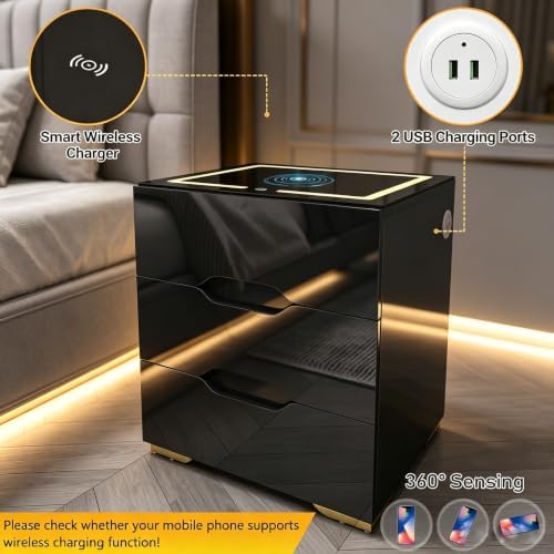 kepptory 3 Drawer Nightstand with Charging Station, Smart Bedside Table with Wireless Charging & LED Lights, High Gloss End Table with USB Ports, Modern Storage Cabinet Organizer for Bedroom, Black