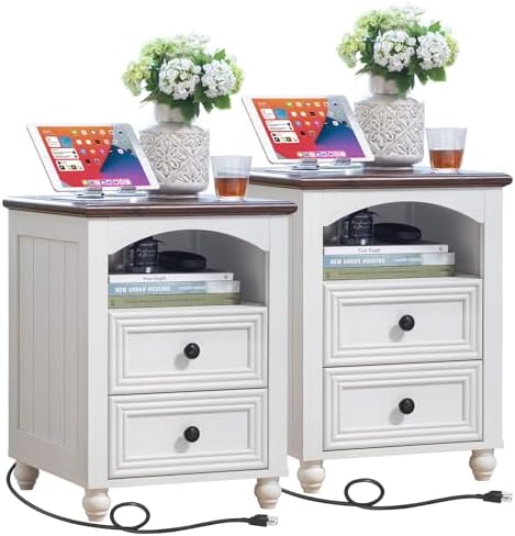 RWYHG 18" Night Stand Set 2 with Charger Station, Nightstand with 2 Drawers