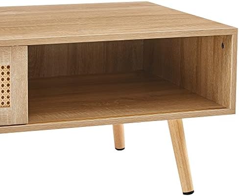 Rattan Coffee Table, Sliding Door for Storage, Solid Wood Legs, Modern Table for Living Room