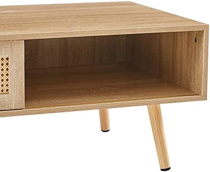 Rattan Coffee Table, Sliding Door for Storage, Solid Wood Legs, Modern Table for Living Room