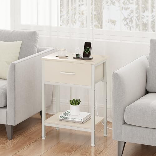 Nightstand with Charging Station, End Table with Fabric Drawer, Small Side Table with 2-Tier Storage Shelves, 25.4" Tall Night Stand, Bedside Table for Bedroom, Living Room, Dorm, Beige