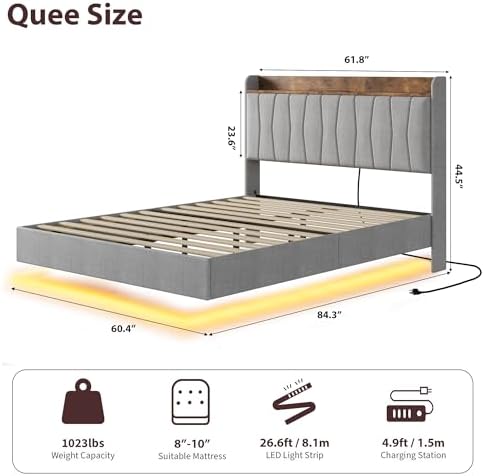 Floating Bed Frame Queen with LED, Upholstered Platform Bed with Headboard