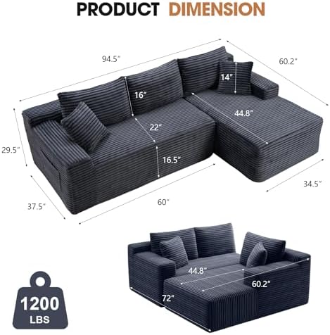 94.5" L-Shaped Minimalist Boneless Sofa for Living Room (Dark Grey, Right)