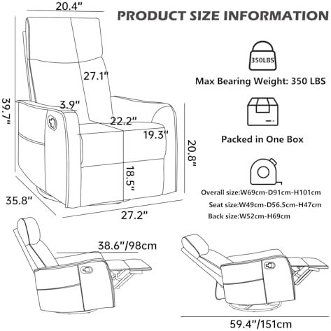 Trustyue Swivel Rocker Recliner Chair, 360° Swivel Recliner with Heat and Massage, Rocker Recliner Nursery Glider Chair with Side Pockets for Living Room (Khaki, Fabric)