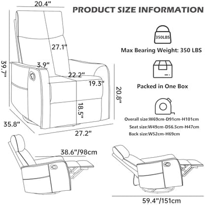 Trustyue Swivel Rocker Recliner Chair, 360° Swivel Recliner with Heat and Massage, Rocker Recliner Nursery Glider Chair with Side Pockets for Living Room (Khaki, Fabric)