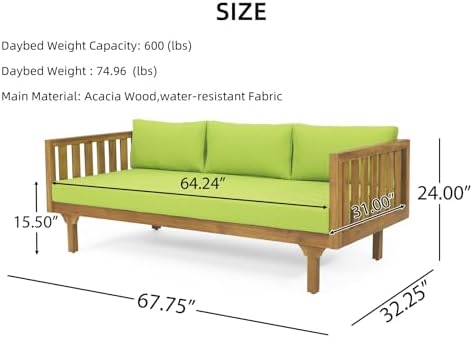 Merax Outdoor Acacia Wood Daybed, 3 Seater Day Bed Couch Sofa with Water Resistant Cushions for Patio Backyard, Garden Furniture, Green