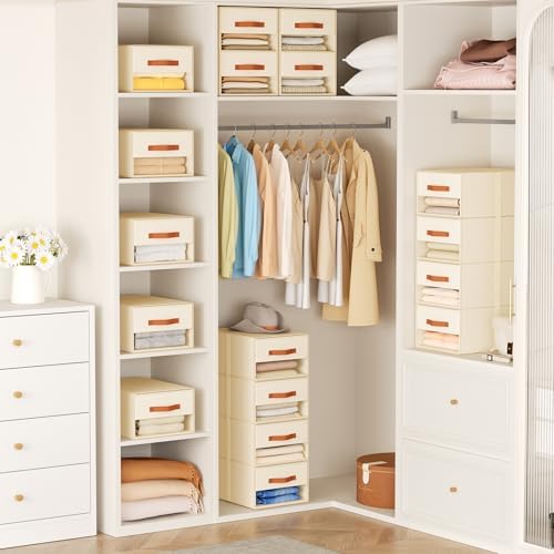 DIMJ Closet Organizers and Storage - Pull-out Fabric Bins with Drawers for Closet Foldable Clothes Organizers with Clear Window, Stackable Storage Drawers for Bedroom,Living Room,Shelf,4-Pack, Beige