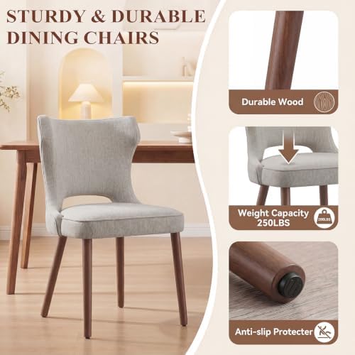 Wooden Dining Chairs Set of 2, Mid Century Dining Room Chairs with Solid Wood Legs, Upholstered Fabric Kitchen Chairs with Ergonomic Curved Backrest for Kitchen Dining Room, Camel