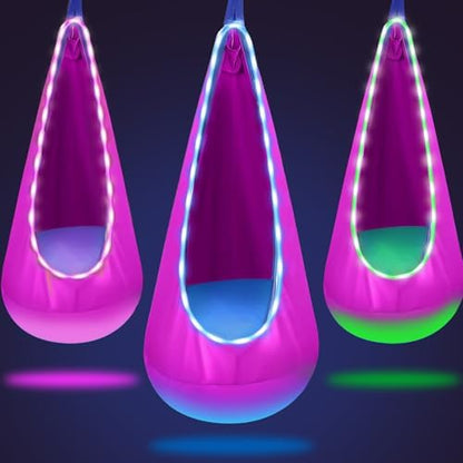Light Up Kids Pod Swing, Indoor Outdoor Hammock Seat w/ LED Lights,Rose Red