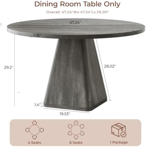 47 Inch Round Dining Table for 4-6, Pedestal Kitchen Dinner Table Grey