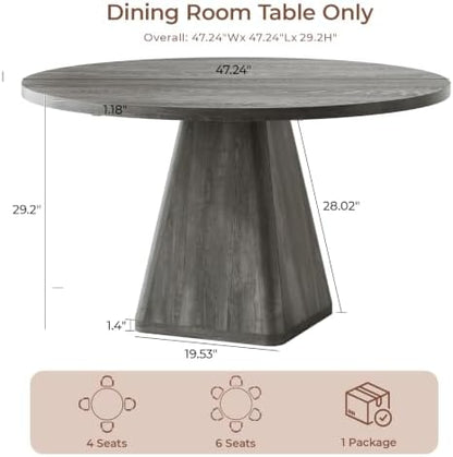 47 Inch Round Dining Table for 4-6, Pedestal Kitchen Dinner Table Grey