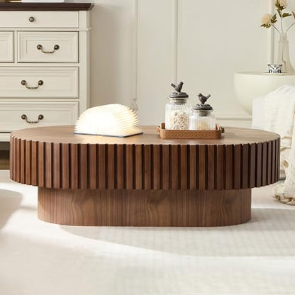 44" Handcraft Drum Oval Wooden Coffee Table with Sturdy MDF Pedestal, Modern Style Solid Wood Relief Coffee Table, Easy Assembly, for Living Room, Bedroom, Reception Room, Walnut