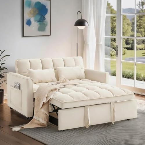 Convertible Sofa Bed, Pull Out Couch with Side Pockets, 3 in 1 Velvet Fabric Loveseat Sleeper Sofa Bed, Pull Out Couch with Adjustable Backrest for Living Room, Bedroom, Apartment, White