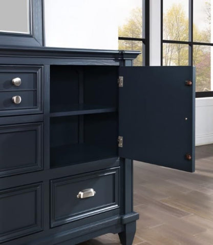 First of a Kind Queen Size Transitional Bedroom Furniture 4 Piece Set in Slate Blue - Panel Headboard Molding Footboard Drawers Nickel Knobs, Bed, Dresser, Mirror & Nightstand