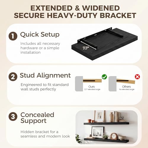 24 x 12 Inch Deep Floating Shelves, 12 Inch Deep Rustic Wooden Book Shelf, Extra Deeper & Thicker Hanging Shelves for Living Room, Bathroom, Bedroom, Kitchen, Office, Set of 2 (Black)