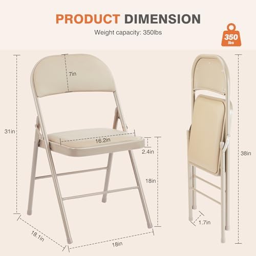 OLIXIS Padded Folding Chairs Set of 12, Portable Foldable Patio Dining Chairs, Heavy Duty Metal Frame, for Kitchen, Dining, Office, Wedding, Garden, Party, Outdoor, Indoor, Khaki