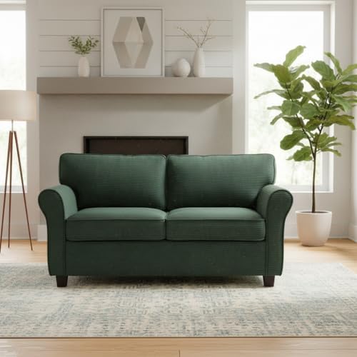 57" Loveseat Sofa, Mid Century Modern Corduroy Couch with Thick Cushion, 2 Seater Small Sofa for Living Room Bedroom Apartment Office, Dark Green