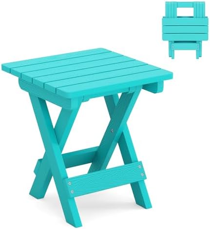 LUE BONA Small Outdoor Folding Side Table HDPS 14 Inch Height, Aruba Blue