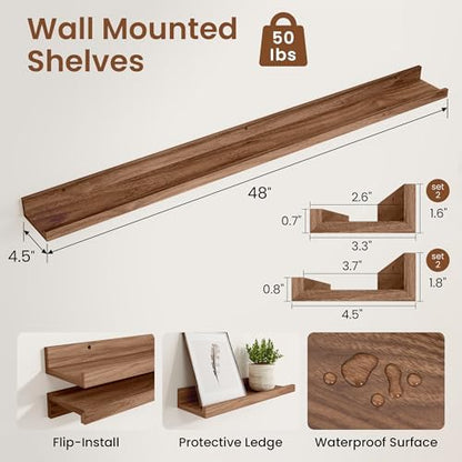 Heimlove Picture Ledge Shelf,48 inch Long Floating Shelves for Wall Set of 4,Picture Shelf with Lip for Wall Decor,Living Room,Bedroom,Bookshelf,Nursery,Perfume,Walnut Color