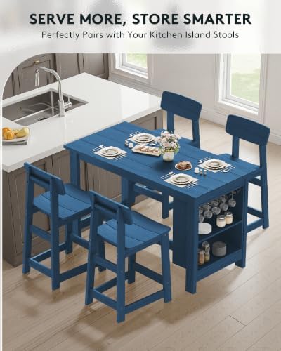 SERWALL 5-Piece Outdoor HDPE Counter-Height Bar Set with 4 Stools, Blue