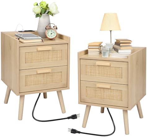 Finnhomy Nightstand with Charging Station, Bedside Table with 2 Hand Made Rattan Decorated Drawers, Night Stand with Storage for Bedroom, Natural, Set of 2