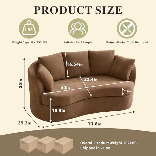 Chifee & Vingol 73" Modern Curved Sofa 3 Seater Comfy Cloud Couch Deep Seat Upholstered Sofa with Removable Cover for Living Room,Brown