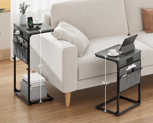 Vagusicc C-Shaped End Table Set of 2 with Charging Station, Small Side Table for Couch, Adjustable Height Couch Side Table, Slide Under Sofa Table TV Tray for Living Room,Bedroom,Bedside, Gray Walnut
