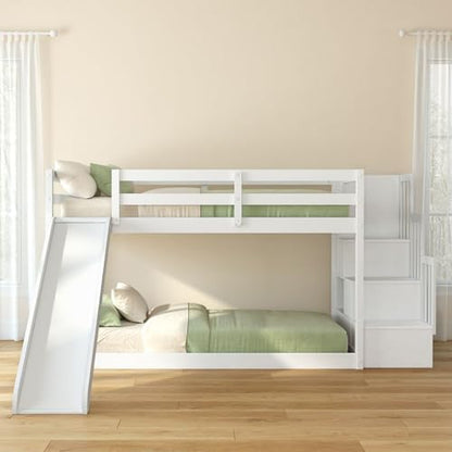 Grain & Grove Bear Twin Over Twin Low Bunk Bed with Slide, with Staircase, Brushed White