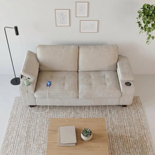 73" Loveseat Sofa, Modern Upholstered Couch for Living Room, Small Space Sofa with Hidden Armrest Storage, USB & Type-C Charging Ports, Adjustable Armrests, Built-in Cup Holders, Beige
